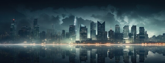 a city skyline at night. Showcase the silhouette of modern skyscrapers illuminated by a symphony of city lights, portraying the sophistication of urban life.