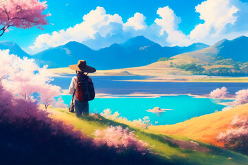 Digital anime style art painting of a traveller standing in front of a beautiful lake