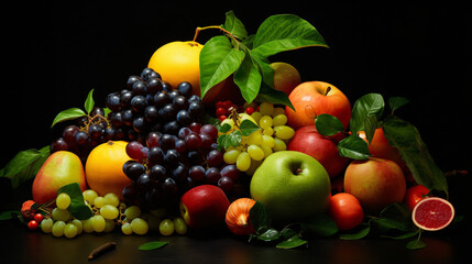 A bunch of fruit that are on a black background