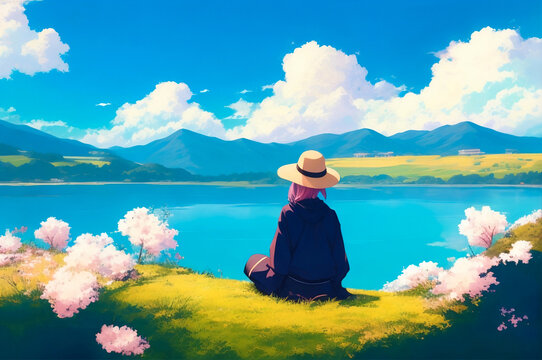 Digital anime style art painting of a women sitting with flowers in front of a beautiful lake	
