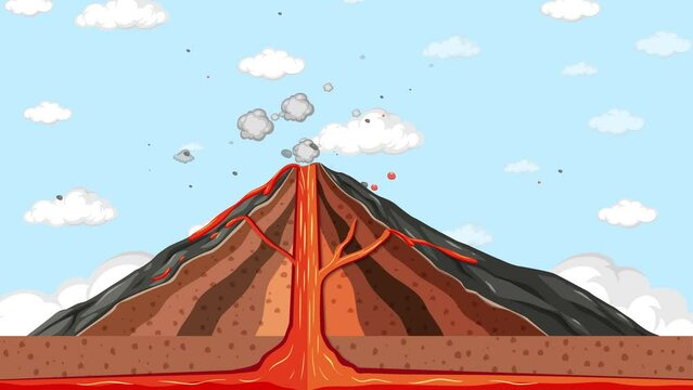 Infographic animation showcasing the structure of a volcano during an eruption.