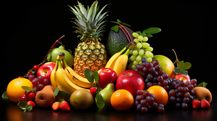 A bunch of fruit that are on a black background
