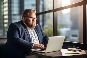 Fototapeta premium Plus size manager working with a laptop computer at desk in office, CEO Businessman, Big boss, Plus size people, Fat employer, Generative AI