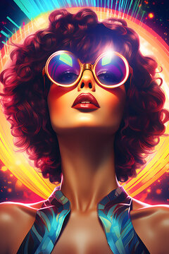Couverture de livre illustration d'une jeune femme à lunettes style disco » IA générative
