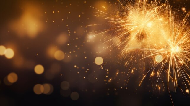 Silvester Festival Party New Year 2024 , New Year's Eve celebration holiday fireworks background banner - Closeup of gold firework on dark black  night sky.