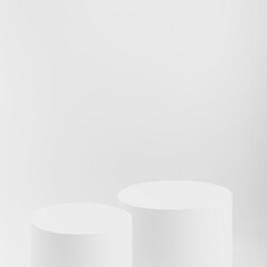 Abstract two white round cylinder podiums mockup on white background for presentation cosmetic products, goods, advertising, design, sale, text, display, showing in minimalism style.