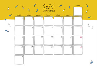 September 2024 wall calendar. Colorful sketch style. A4 horizontal template.