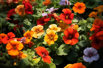 Close-up View of a bright, blooming nasturtium flower in Nature