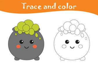 Halloween coloring page. Printable trace and color worksheet. Educational game, early handwriting tracing activities for toddlers, kindergarten, preschool. Drawing, painting for kids.