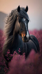 amazing dark horse among flowers photography, Generative AI