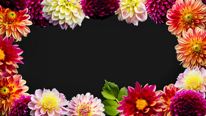 Colorful Dahlia Border Frame on Black Background with Copy Space Spring Concept 