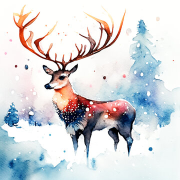 Watercolor deer with antlers. Christmas and New Year background.
