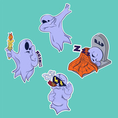 Small sticker pack. Image of a funny ghosts. Stickers with a ghost. Halloween sticker. Cartoon characters for comics and postcards – ghosts. Vector image