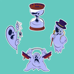 Small sticker pack. Image of a funny ghosts. Stickers with a ghost. Halloween sticker. Cartoon characters for comics and postcards – ghosts. Vector image