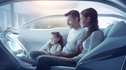People ride in a self-driving car controlled by an artificial intelligence autopilot. Future technologies, internet of things and smart devices concept.