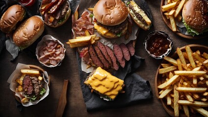 delicious triple meat burger with bacon and yellow cheese, accompanied by French fries, whiskey with ice, donuts, dry-cured sausages, popfood, hot dog.