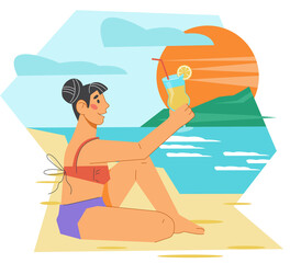Beautiful woman on sandy beach enjoys sea vacation and refreshes herself with drink. Summer vacation and sea travel.