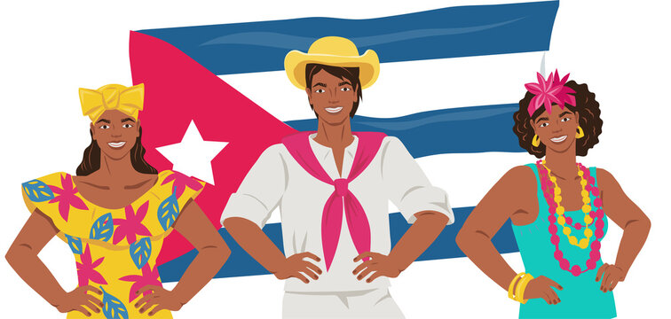 Cuban men and women at backdrop of the national flag of Cuba.  Travel and tourism. Cuban people group.