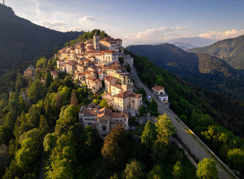 Aerial view of Santa Maria del Monte on Sacro Monte di Varese, Varese, Lombardy, Italy
