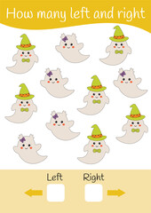 Fototapeta premium Math worksheets. Halloween games. Count objects on the left and right sides. Printable Worksheets, logical games for kids. Early learning education for preschool, kindergarten. Halloween activities.