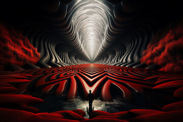 Man in a tunnel, hypnosis spiral, manipulation by media, optical illusion, influence and trance - obrazy, fototapety, plakaty