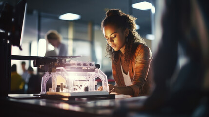 An engineer prints a prototype model on a 3d printer in a laboratory using equipment. Creativity, technology and 3d printing concept.
