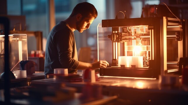 An engineer prints a prototype model on a 3d printer in a laboratory using equipment. Creativity, technology and 3d printing concept.