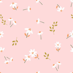 Seamless pattern with wild flower, green branch and daisies on pink background vector. Cute floral print.