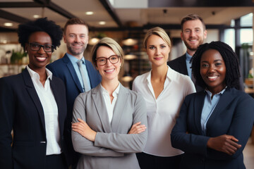 Fototapeta premium Multiracial diverse business team headed with boss posing to camera. Smiling businesspeople in office. The concept of business.