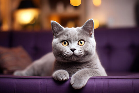beautiful grey cat Chartreux on a purple couch photography
