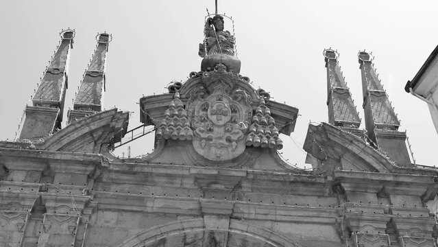 Vintage View Of Baroque Arch Of The New Gate In Braga, Northern Portugal. Low Angle Shot