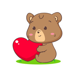 Obraz na płótnie Canvas Cute brown bear holding love heart. Kawaii adorable animal and valentines day concept design. Isolated white background. Vector art illustration.