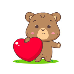 Fototapeta premium Cute brown bear holding love heart. Kawaii adorable animal and valentines day concept design. Isolated white background. Vector art illustration.