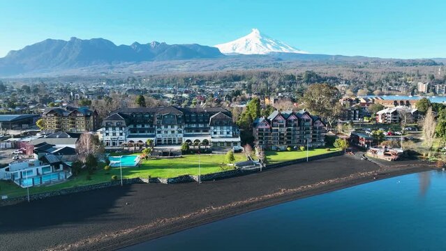Volcanic Beach At Pucon In Los Rios Chile. Coastal City. Vulcanic Scenery. Tourism Landscape. Pucon Chile. Volcano Background. Volcanic Beach At Pucon In Los Rios Chile.