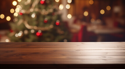 Christmas blur background with wooden table, Generative Ai