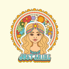 A beautiful hippie girl, a poster in the style of 60-70 years. Just shine