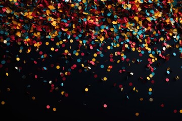 A celebratory background image for creative content, featuring colorful confetti against a black background, creating a festive atmosphere for your designs. Photorealistic illustration