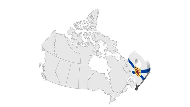 Location Nova Scotia on map Canada. 3d Nova Scotia flag map marker location pin. Map of  Canada showing different parts. Animated map Provinces of Canada. 4K.  Video