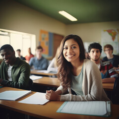 Obraz premium Happy children study in the classroom. A group of kids learn at school. Learning and education concept.