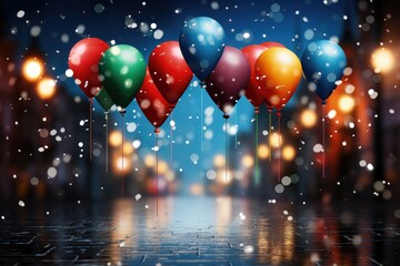 A festive background featuring colorful balloons on a snowy day with a blurred street in the background. Photorealistic illustration