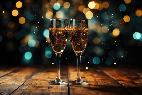 A celebratory background image for creative content, showcasing two glasses of champagne with blurred holiday lights in the background. Photorealistic illustration