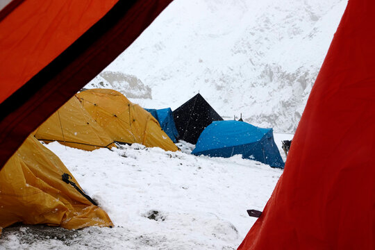 Tents pitched for a Mountaineering expedition, Indian Himalayas, India