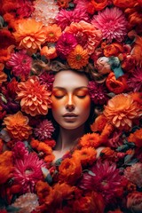 Fondo conceptual de una mujer en fondo abstracto rodeada de flores. Concepto de color y moda. Generado por IA.