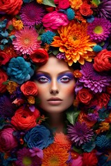 Fondo conceptual de una mujer en fondo abstracto rodeada de flores. Concepto de color y moda. Generado por IA.