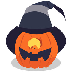 scary Halloween pumpkin wearing a witch hat on white background, Happy Halloween decoration element, vector illustration