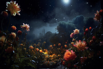 Fototapeta na wymiar Beautiful Flowers Under Starry Night Sky
