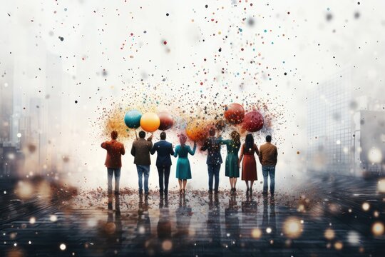 A celebratory background for creative content featuring people holding colorful balloons with confetti falling against a white background. Photorealistic illustration
