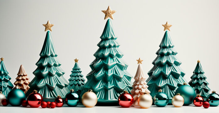 Christmas tree made of Christmas balls, confetti on a light background - AI generated image