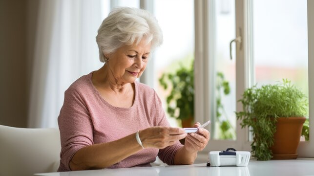An elderly woman tests her sugar level with a glucometer