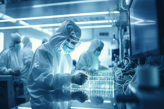 Data scientists work in a modern office of a technology company on the development of a quantum computer. Science, technology, big data and blockchain concept.